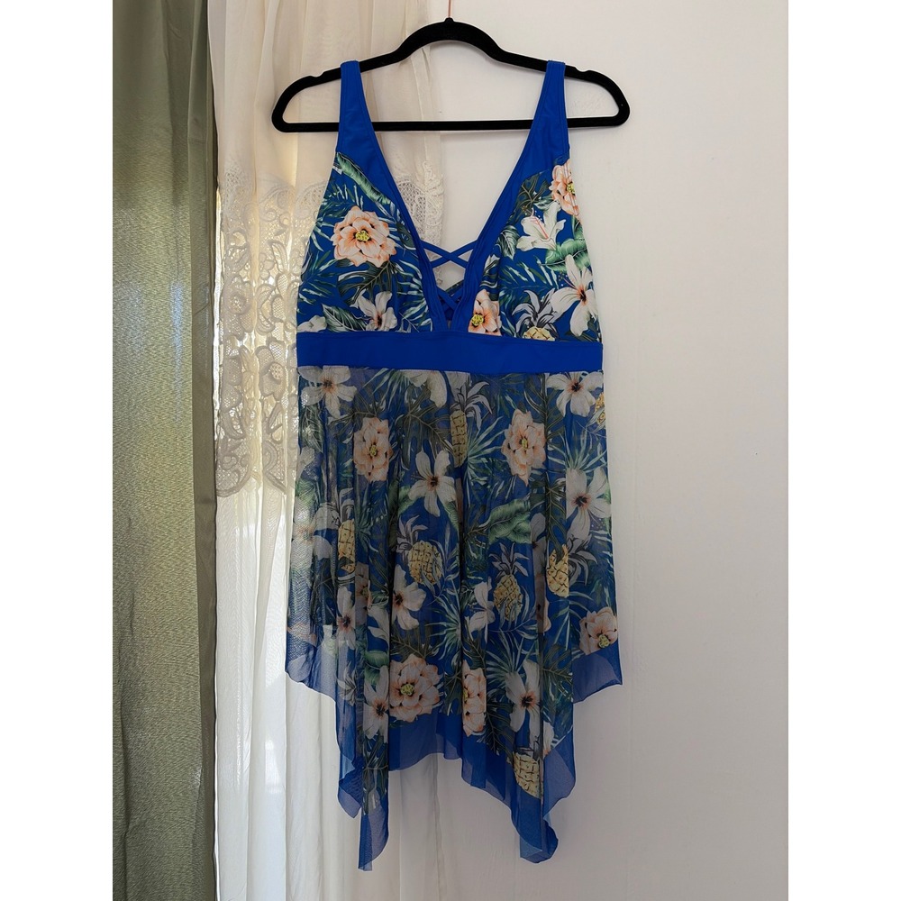 Floral Swim Dress Tankini Womens 2XL Blue Excellent Tropical Mesh Handkerchief